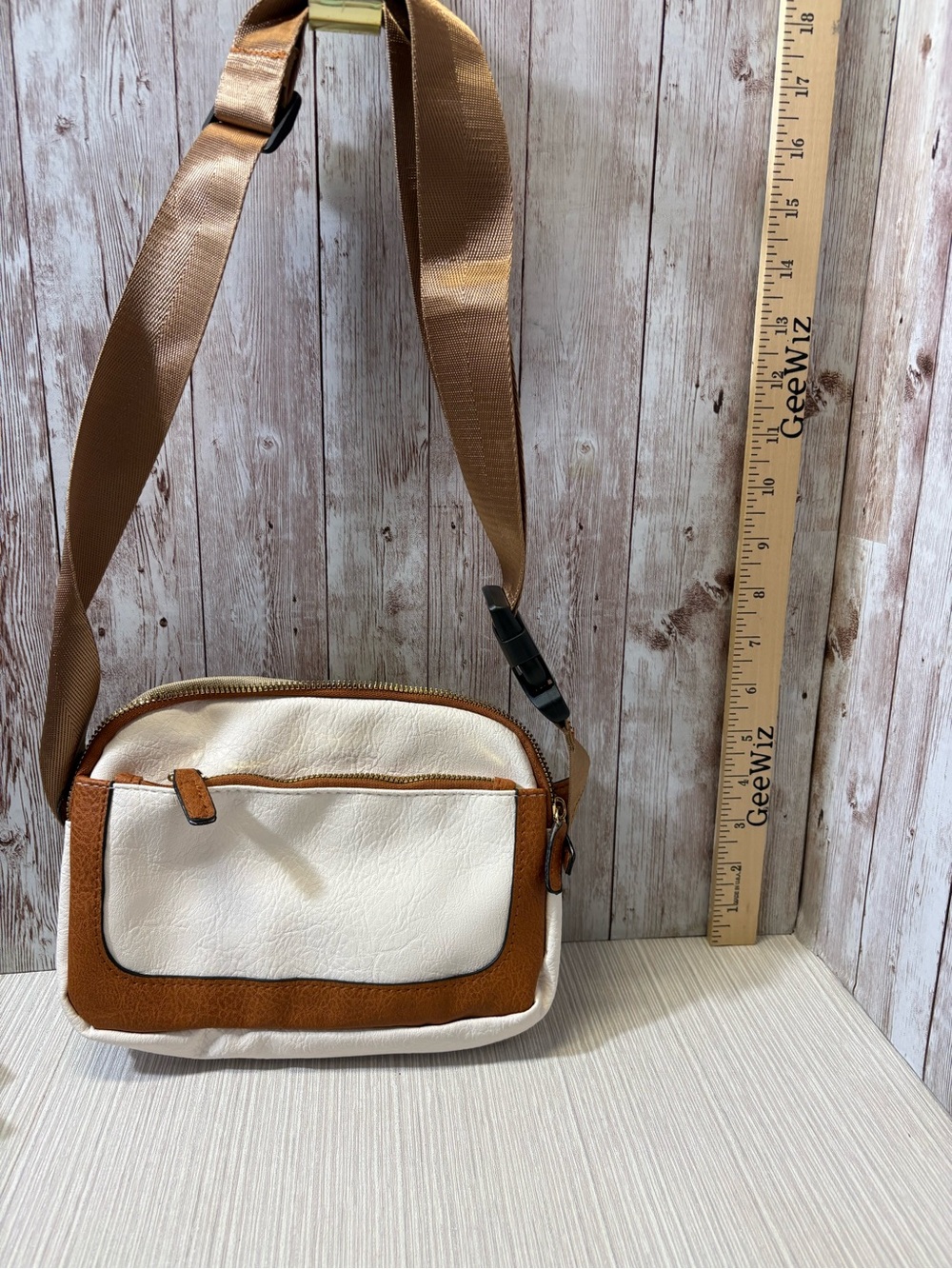 Unbranded Cream and Tan Crossbody Bag with Front Pocket
